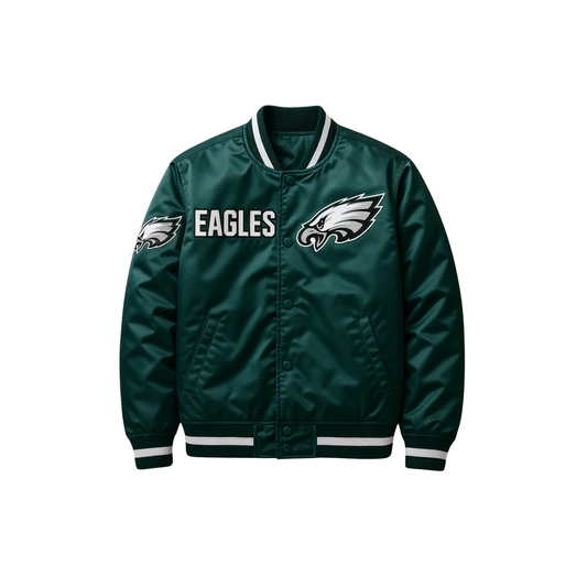 Green satin jacket with Philadelphia Eagles logo on left and right front