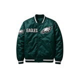 Green satin jacket with Philadelphia Eagles logo on left and right front