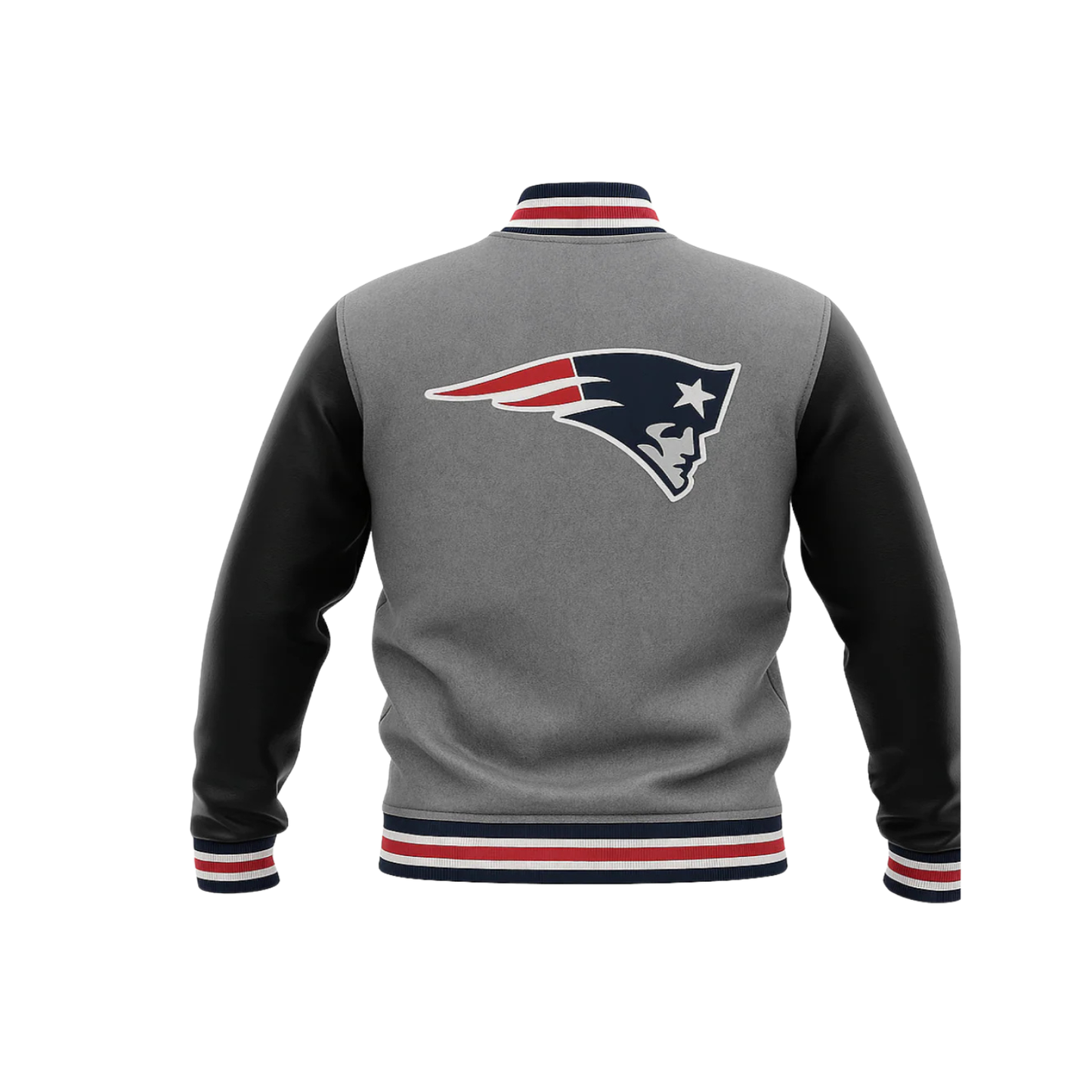 Gray and black varsity jacket with a nfl New England Patriots logo on a white background
