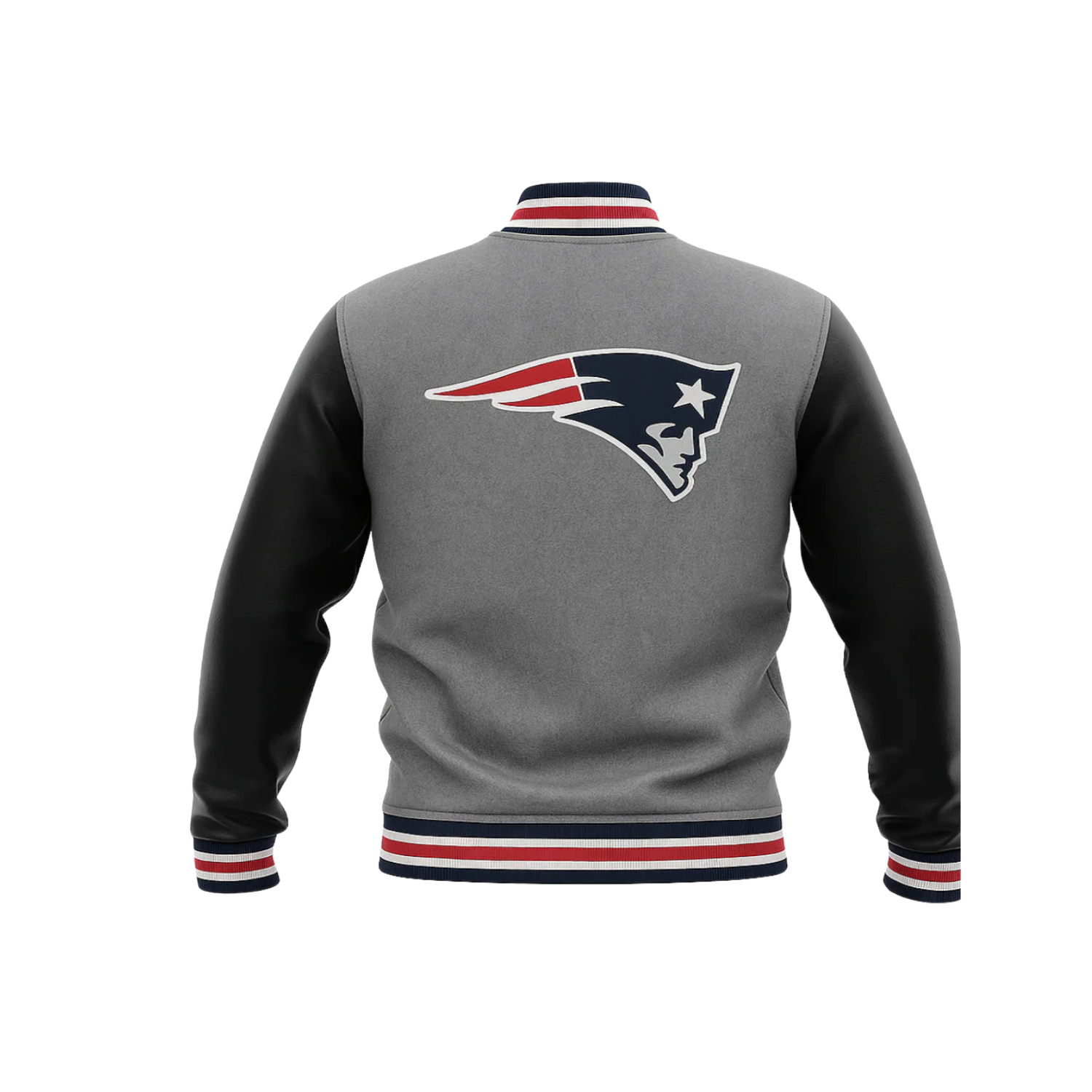 Gray and black varsity jacket with a nfl New England Patriots logo on a white background
