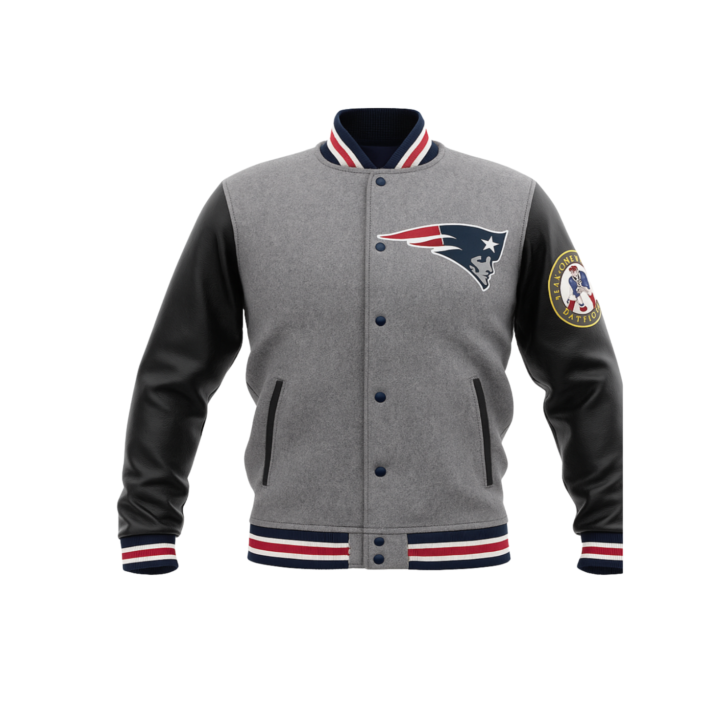Gray and black varsity jacket with a nfl New England Patriots logo on a white background