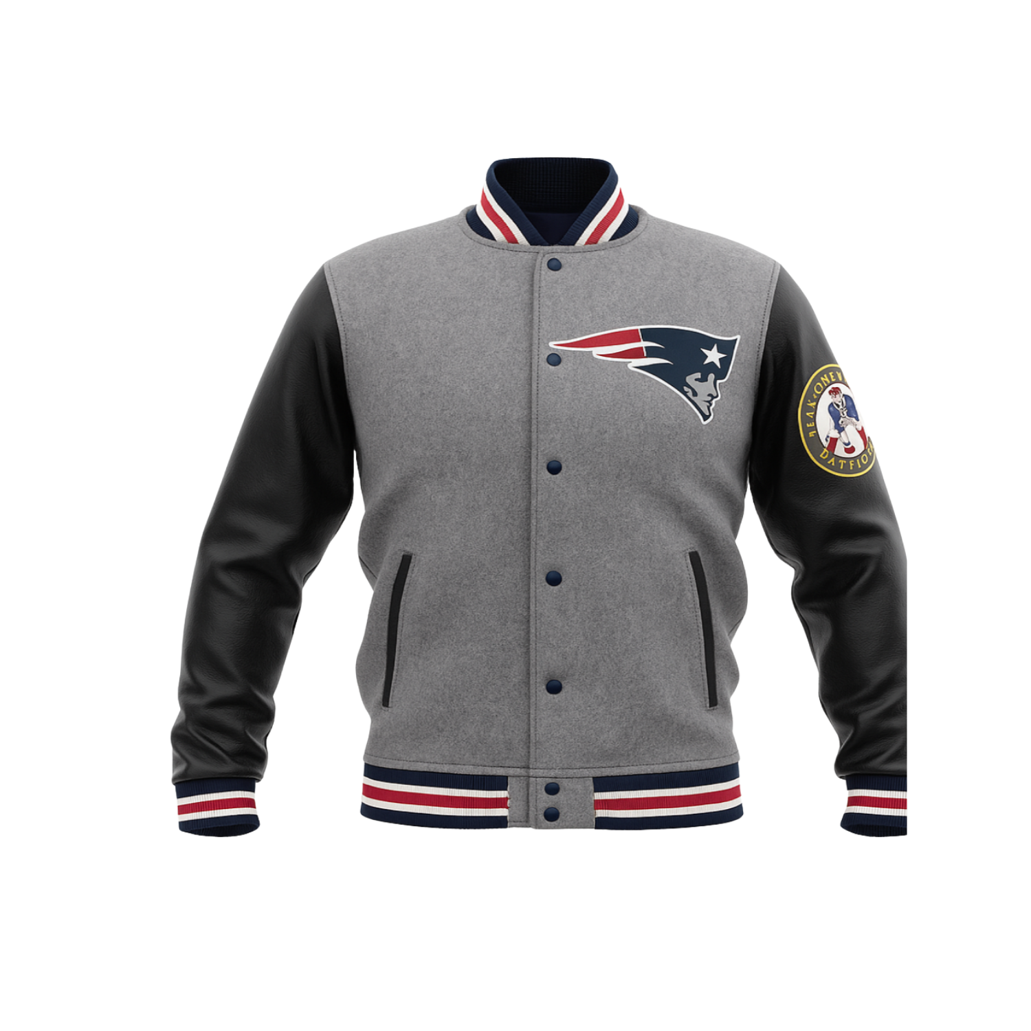 Gray and black varsity jacket with a nfl New England Patriots logo on a white background