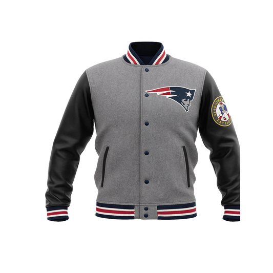 Gray and black varsity jacket with a nfl New England Patriots logo on a white background