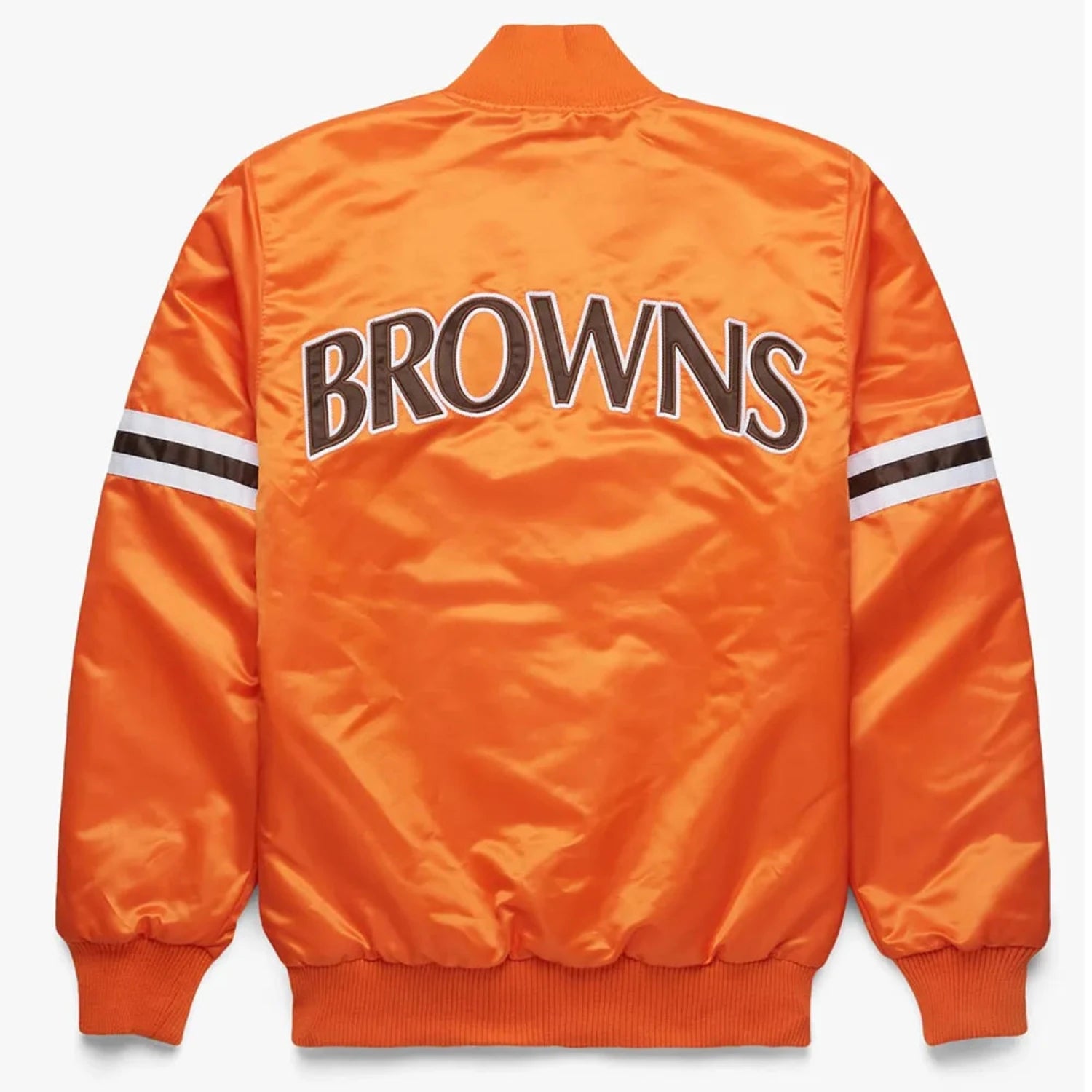 Back of Cleveland Browns satin varsity jacket featuring large team logo and striped ribbed hem
