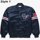 Front view of Houston Texans NFL satin varsity jacket with team logo and snap-button closure