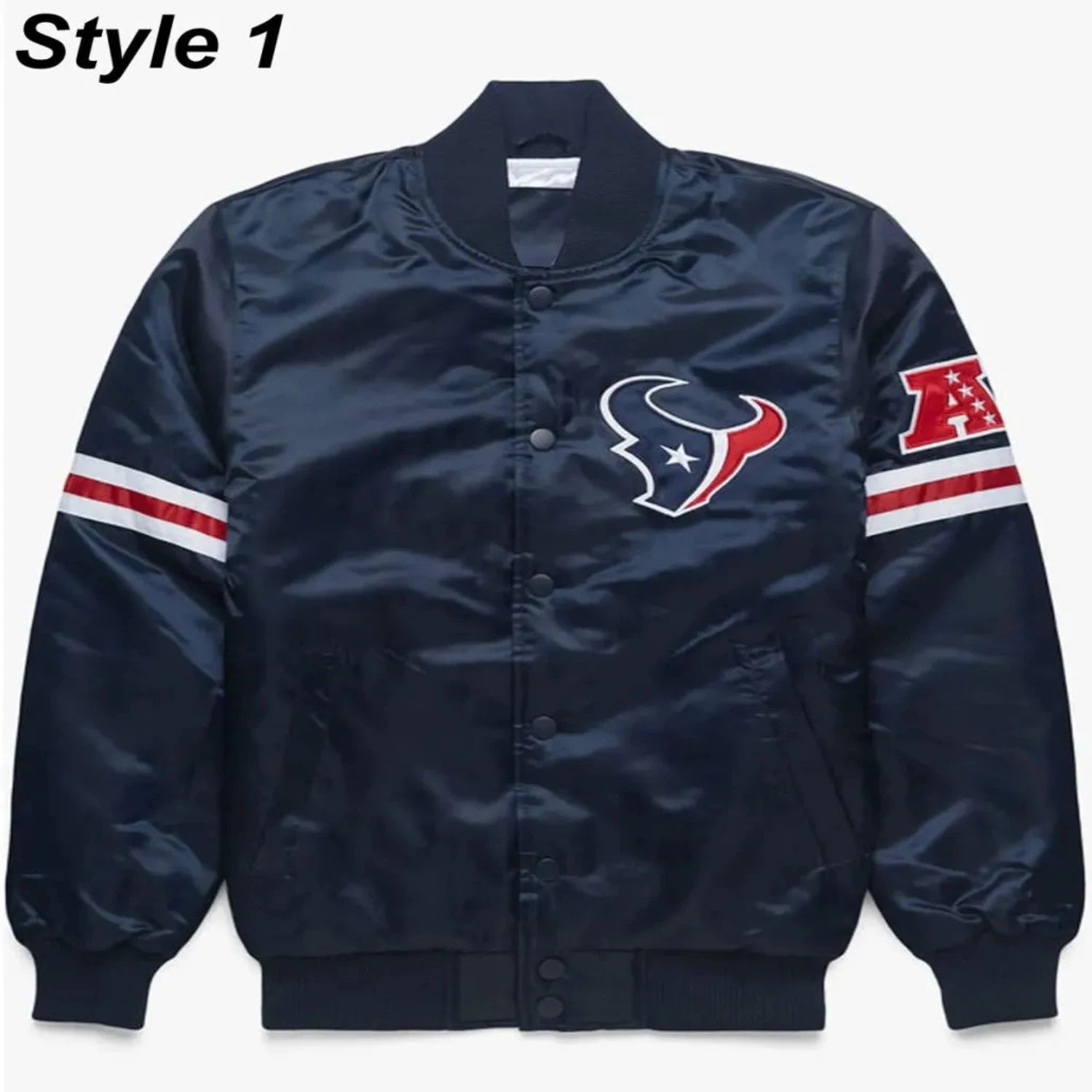 Front view of Houston Texans NFL satin varsity jacket with team logo and snap-button closure