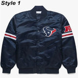 Front view of Houston Texans NFL satin varsity jacket with team logo and snap-button closure