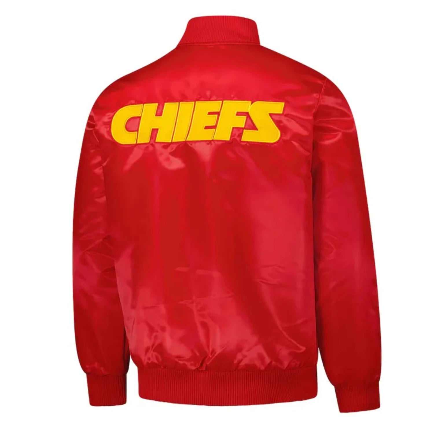 Back of Kanas City Chiefs satin varsity jacket featuring large team logo and striped ribbed hem

