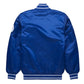 Back of Kanas City Royals satin varsity jacket featuring large team logo and striped ribbed hem