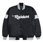 Front view of Las Vegas Raiders NFL satin varsity jacket with team logo and snap-button closure