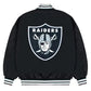 Back of Las Vegas Raiders satin varsity jacket featuring large team logo and striped ribbed hem