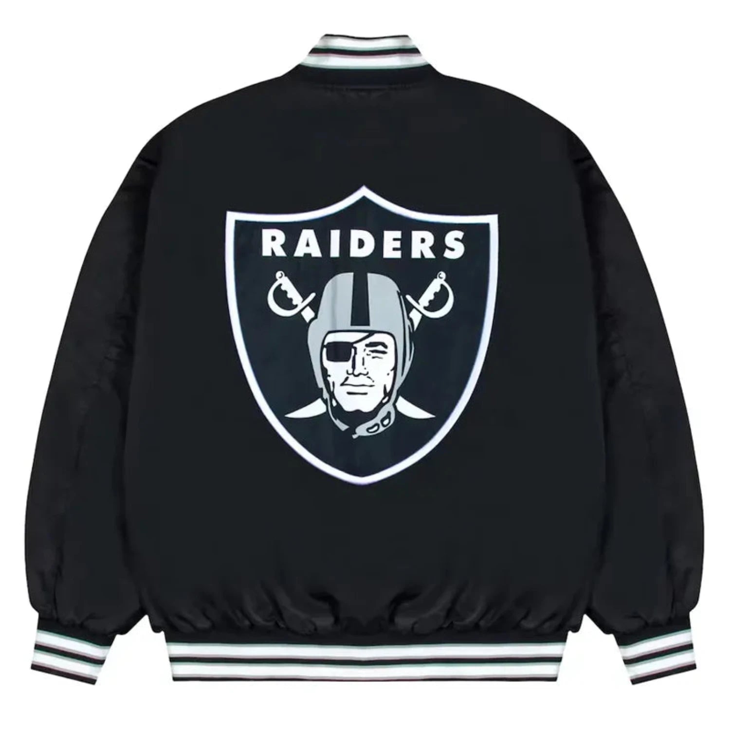 Back of Las Vegas Raiders satin varsity jacket featuring large team logo and striped ribbed hem