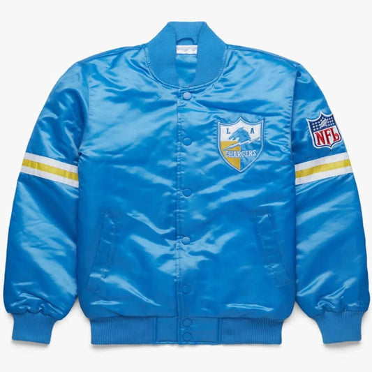 Front view of LA Chargers NFL satin varsity jacket with team logo and snap-button closure