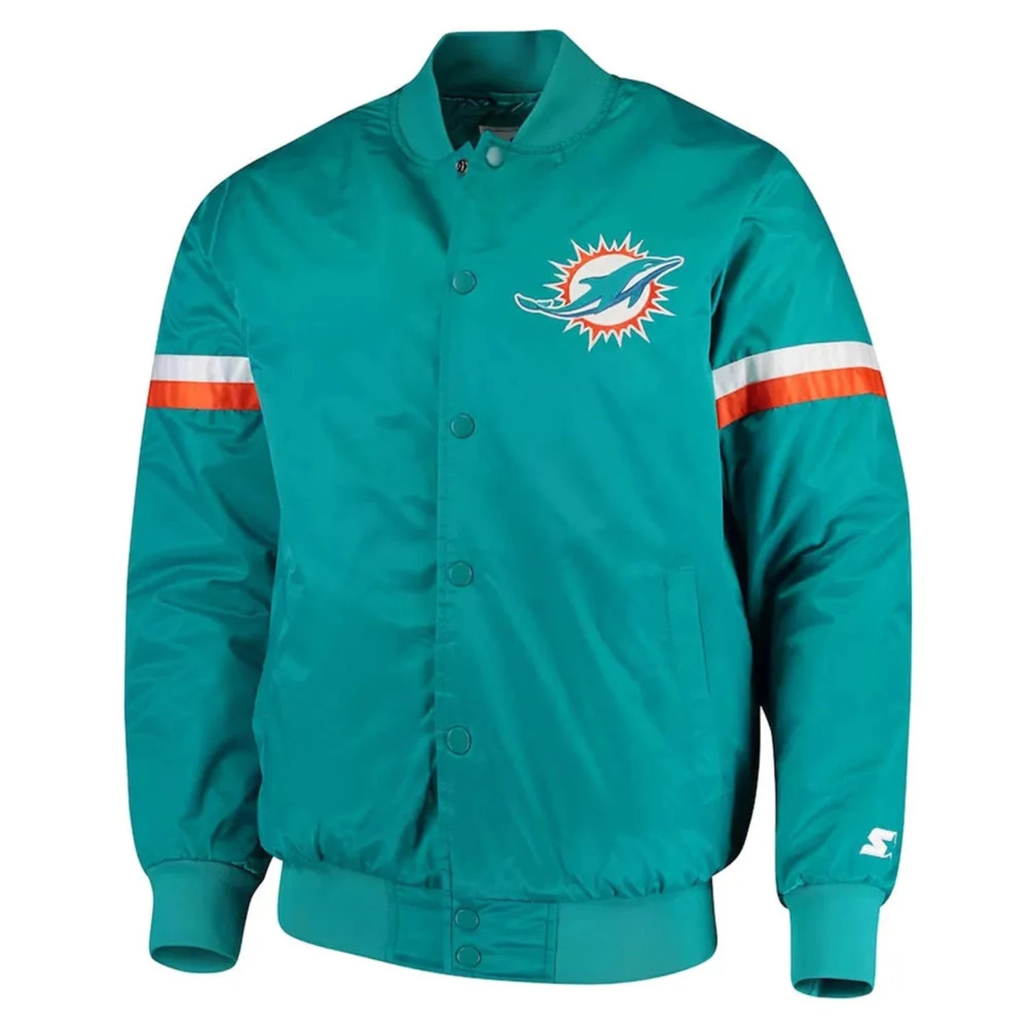 Front View of Miami Dolphins NFL satin varsity jacket in team colors with embroidered logo