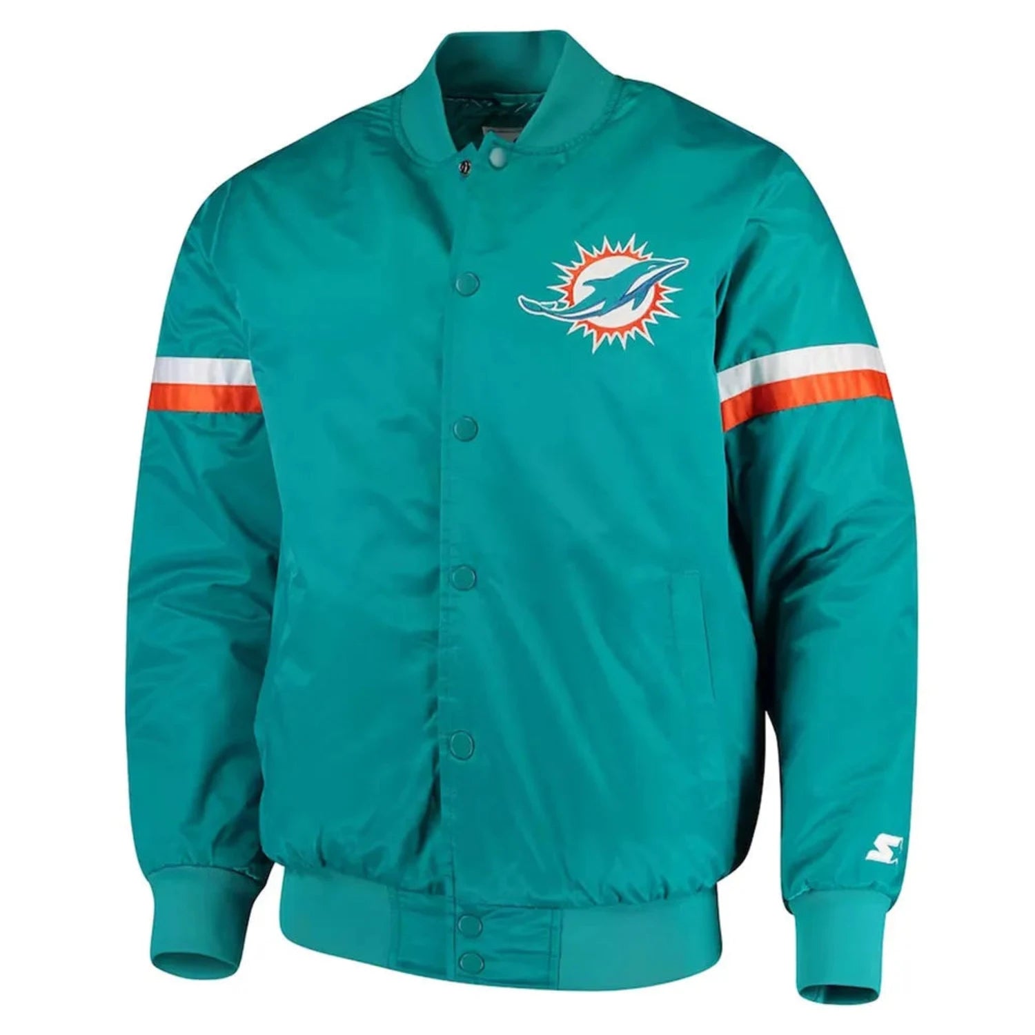 Front View of Miami Dolphins NFL satin varsity jacket in team colors with embroidered logo