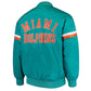 Back View of Miami Dolphins NFL satin varsity jacket in team colors with embroidered logo