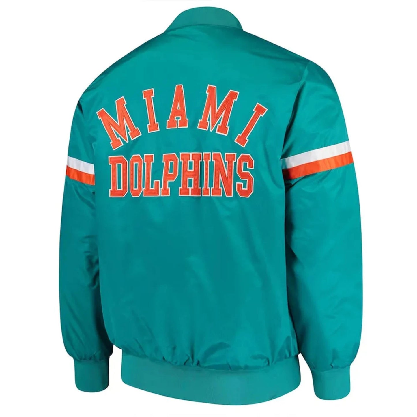 Back View of Miami Dolphins NFL satin varsity jacket in team colors with embroidered logo