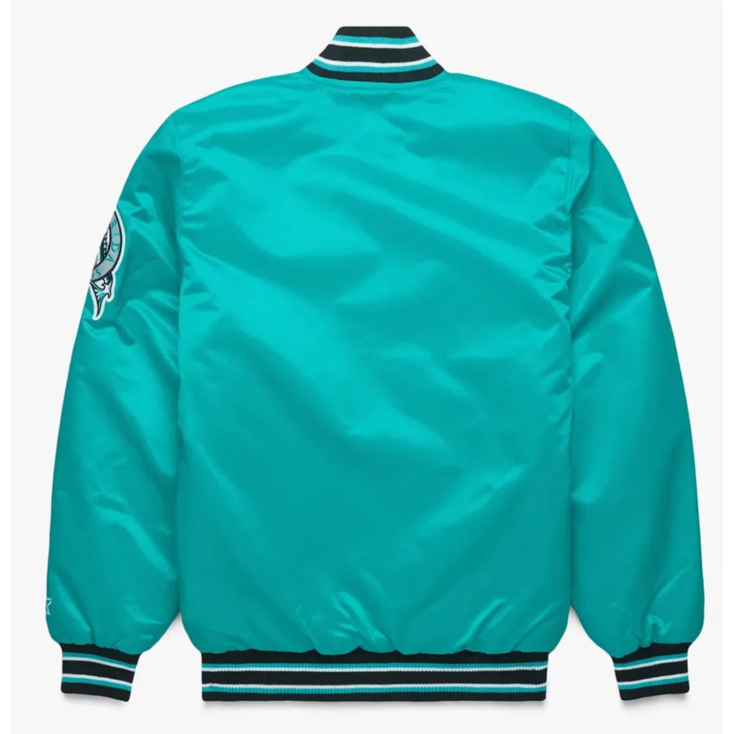 Back of Miami Marlins satin varsity jacket featuring large team logo and striped ribbed hem