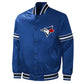 Front view of Toronto Blue Jays MLB satin varsity jacket with team logo and snap-button closure