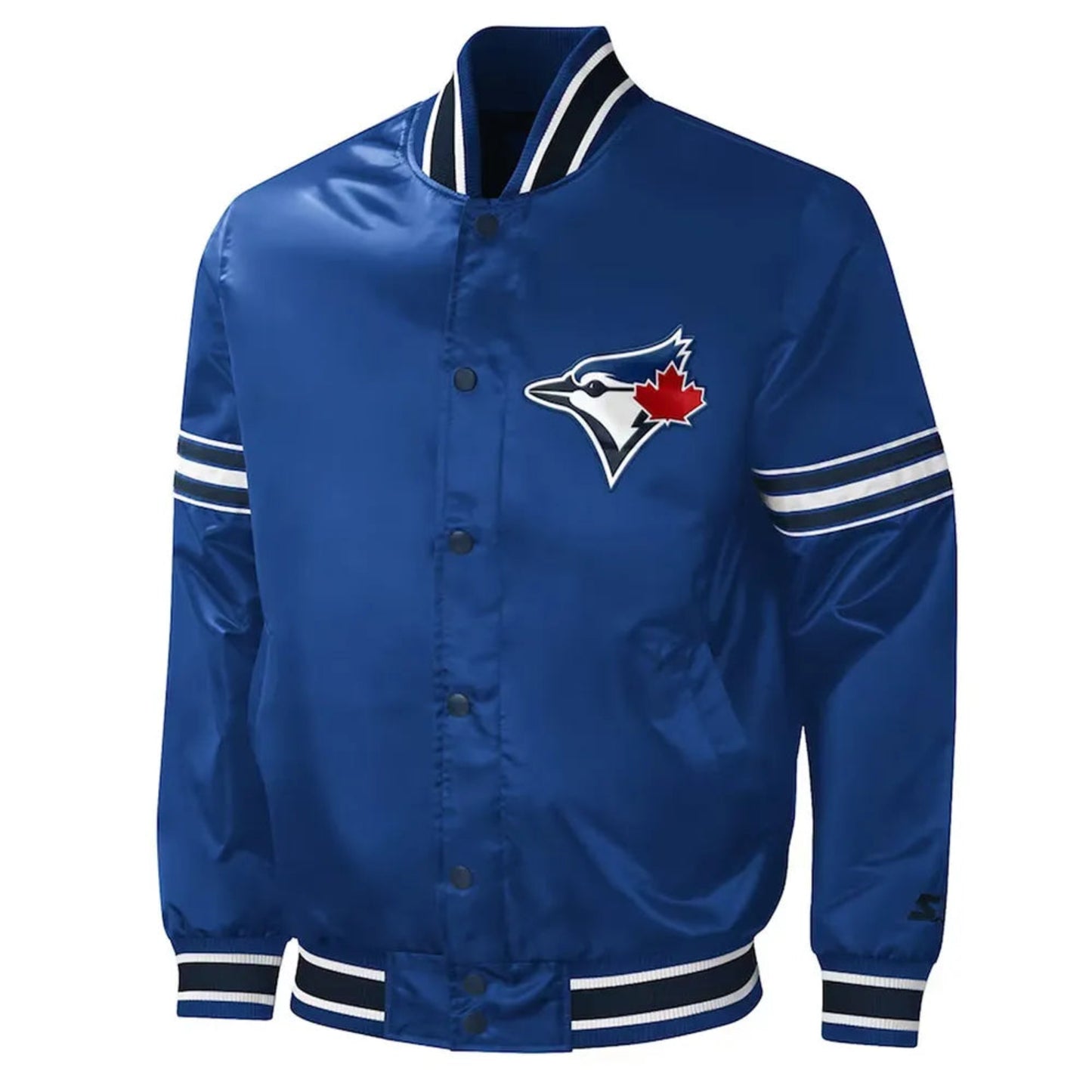 Front view of Toronto Blue Jays MLB satin varsity jacket with team logo and snap-button closure