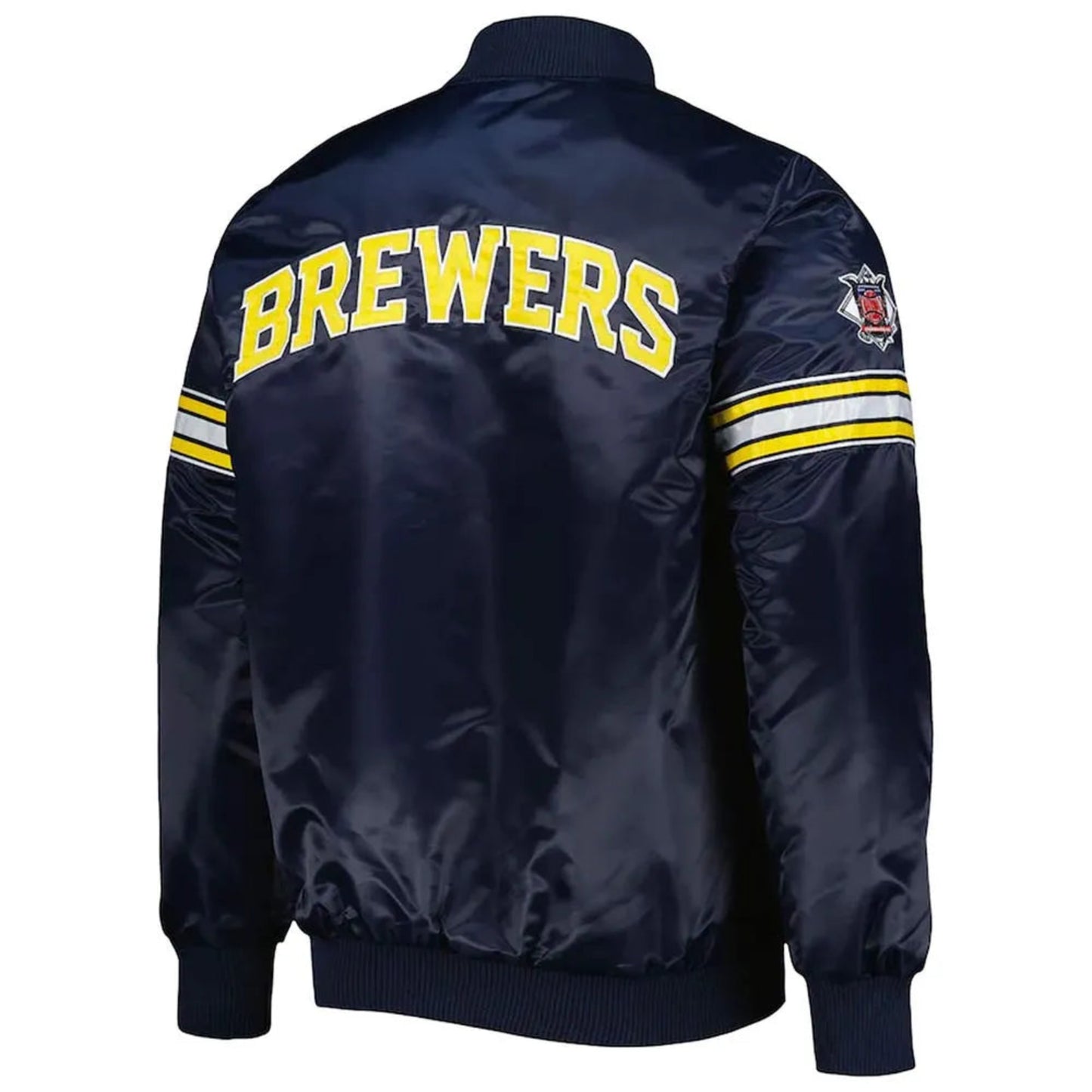 Back of Milwaukee Brewers satin varsity jacket featuring large team logo and striped ribbed hem