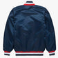 Back of Minnesota Twins satin varsity jacket featuring large team logo and striped ribbed hem
