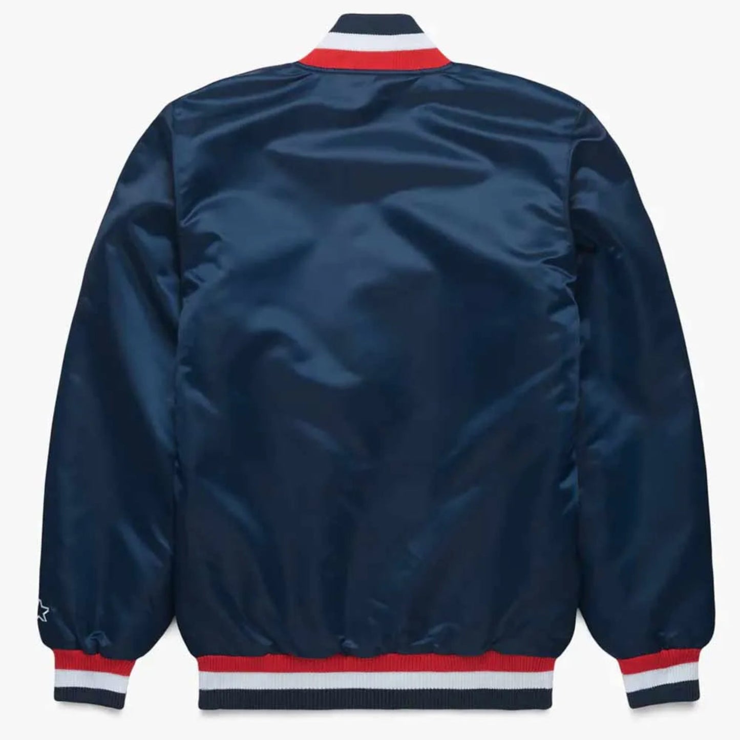 Back of Minnesota Twins satin varsity jacket featuring large team logo and striped ribbed hem