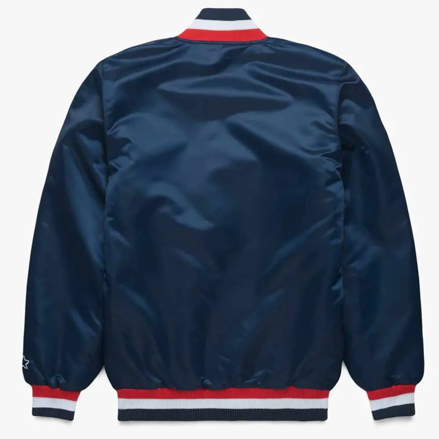 Back of Minnesota Twins satin varsity jacket featuring large team logo and striped ribbed hem