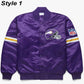 Front view of Minnesota Vikings NFL satin varsity jacket with team logo and snap-button closure