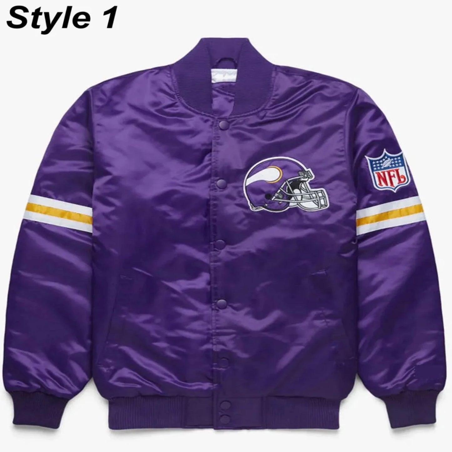 Front view of Minnesota Vikings NFL satin varsity jacket with team logo and snap-button closure