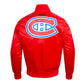 Back of NHL Montreal Canadiens satin varsity jacket in red colour featuring large team logo and striped ribbed hem