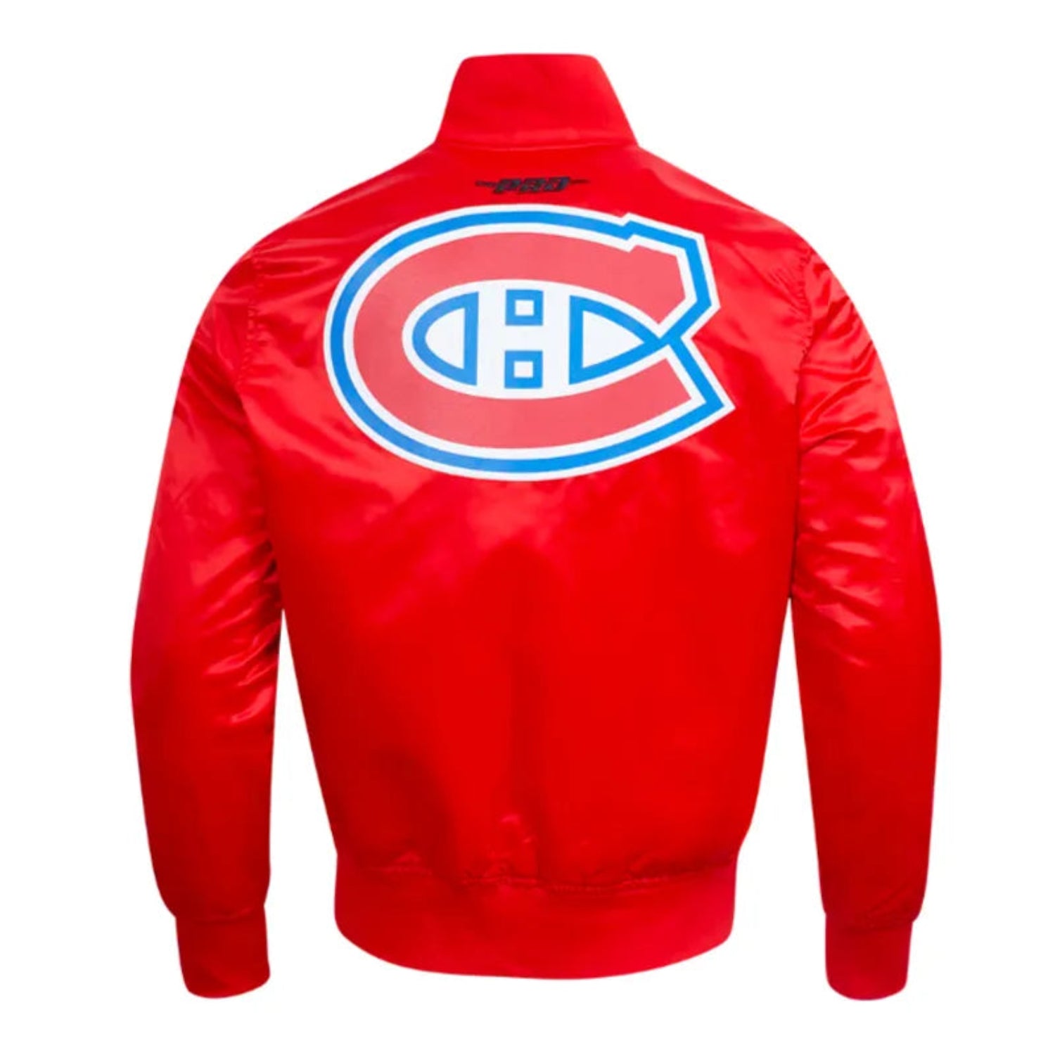Back of NHL Montreal Canadiens satin varsity jacket in red colour featuring large team logo and striped ribbed hem