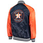 Back of Houston Astros satin varsity jacket featuring large team logo and striped ribbed hem