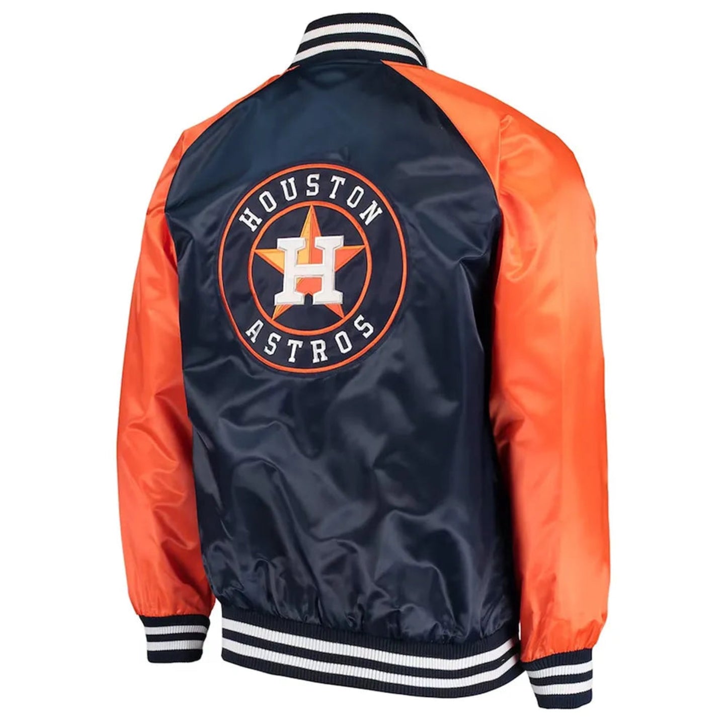 Back of Houston Astros satin varsity jacket featuring large team logo and striped ribbed hem