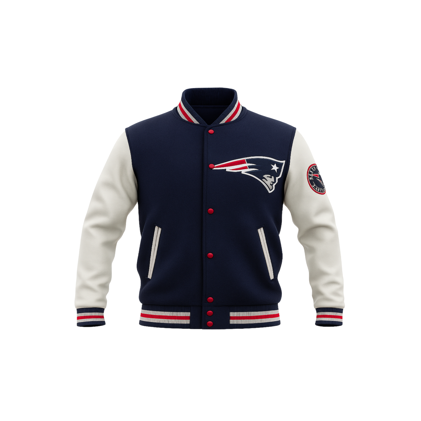Navy and white varsity jacket with a NFL team logo on a white background