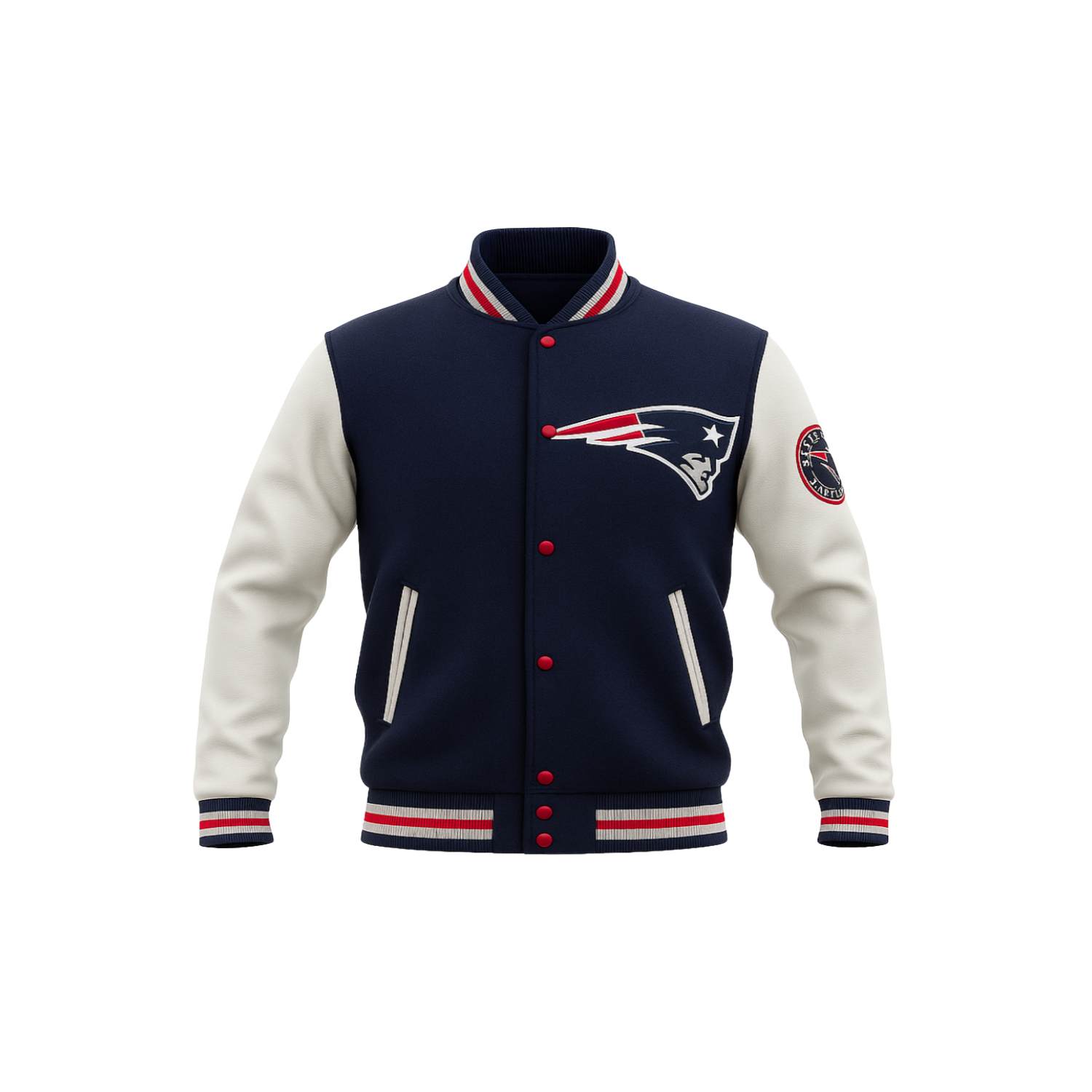 Navy and white varsity jacket with a NFL team logo on a white background