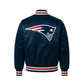 NFL Satin Varsity Jacket in navy colour with Patriots embroidered logo on the back