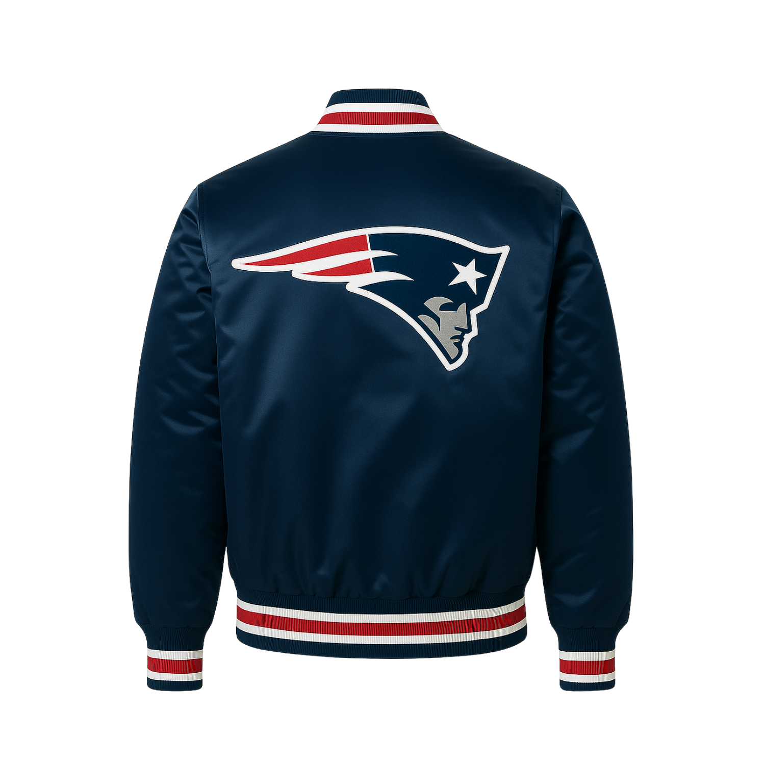 NFL Satin Varsity Jacket in navy colour with Patriots embroidered logo on the back