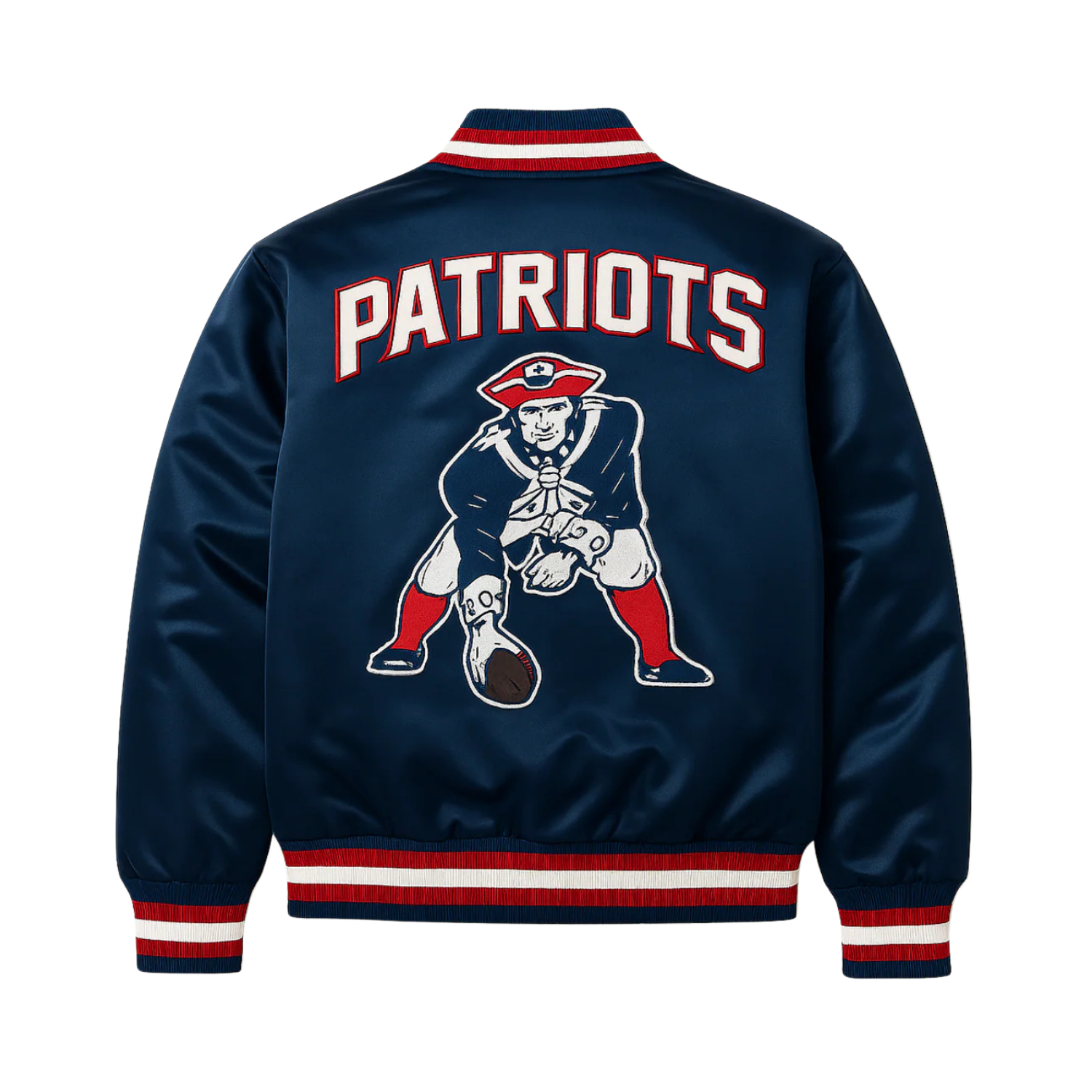 NFL Satin Varsity Jacket in navy colour with Patriots embroidered logo on the back