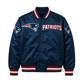 NFL Satin Varsity Jacket in navy colour with Patriots embroidered logo on the front