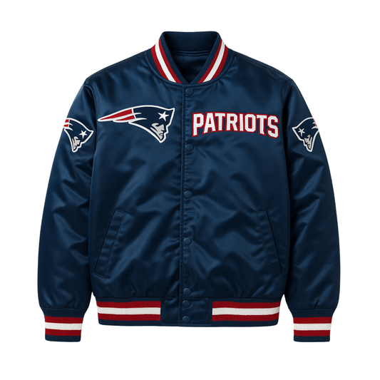NFL Satin Varsity Jacket in navy colour with Patriots embroidered logo on the front
