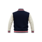 Navy varsity jacket with white sleeves on a white background