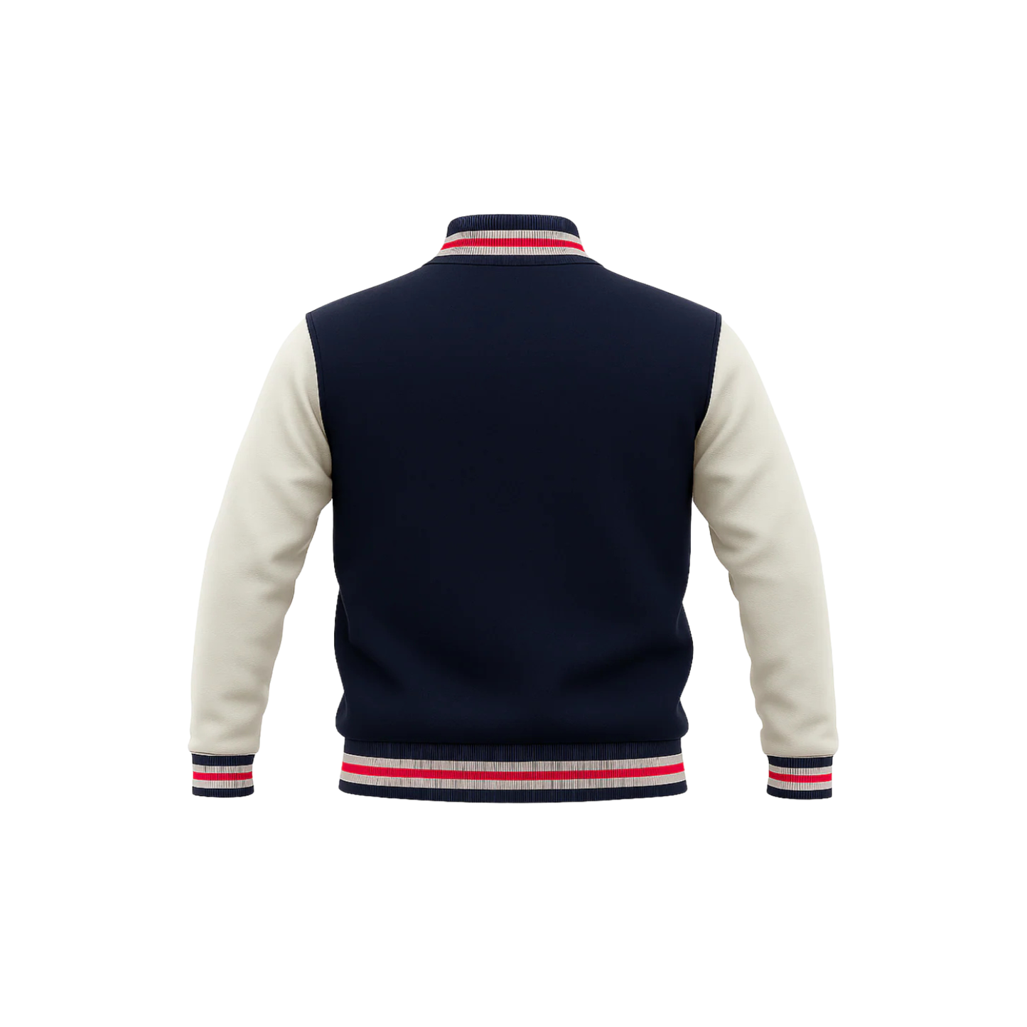 Navy varsity jacket with white sleeves on a white background