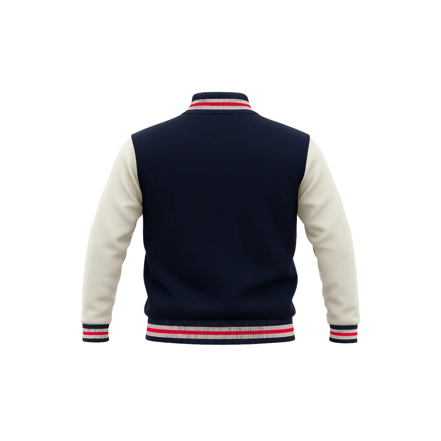 Navy varsity jacket with white sleeves on a white background