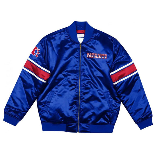 New England Patriots NFL satin varsity jacket in team colors with embroidered logo