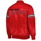 Back of NHL New Jersey Devils satin varsity jacket in red colour featuring large team logo and striped ribbed hem