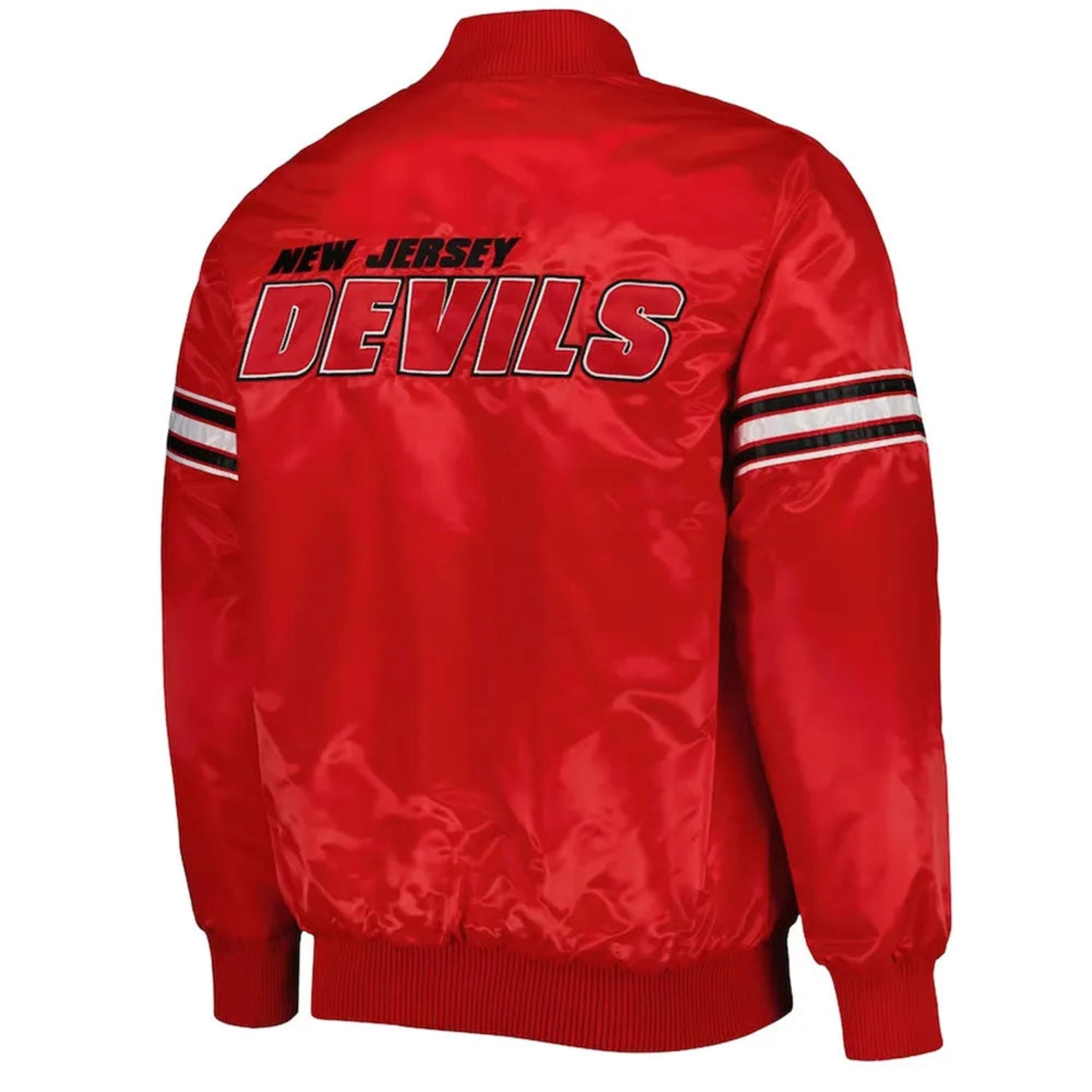 Back of NHL New Jersey Devils satin varsity jacket in red colour featuring large team logo and striped ribbed hem