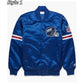 Front view of NY Giants NFL satin varsity jacket with team logo and snap-button closure
