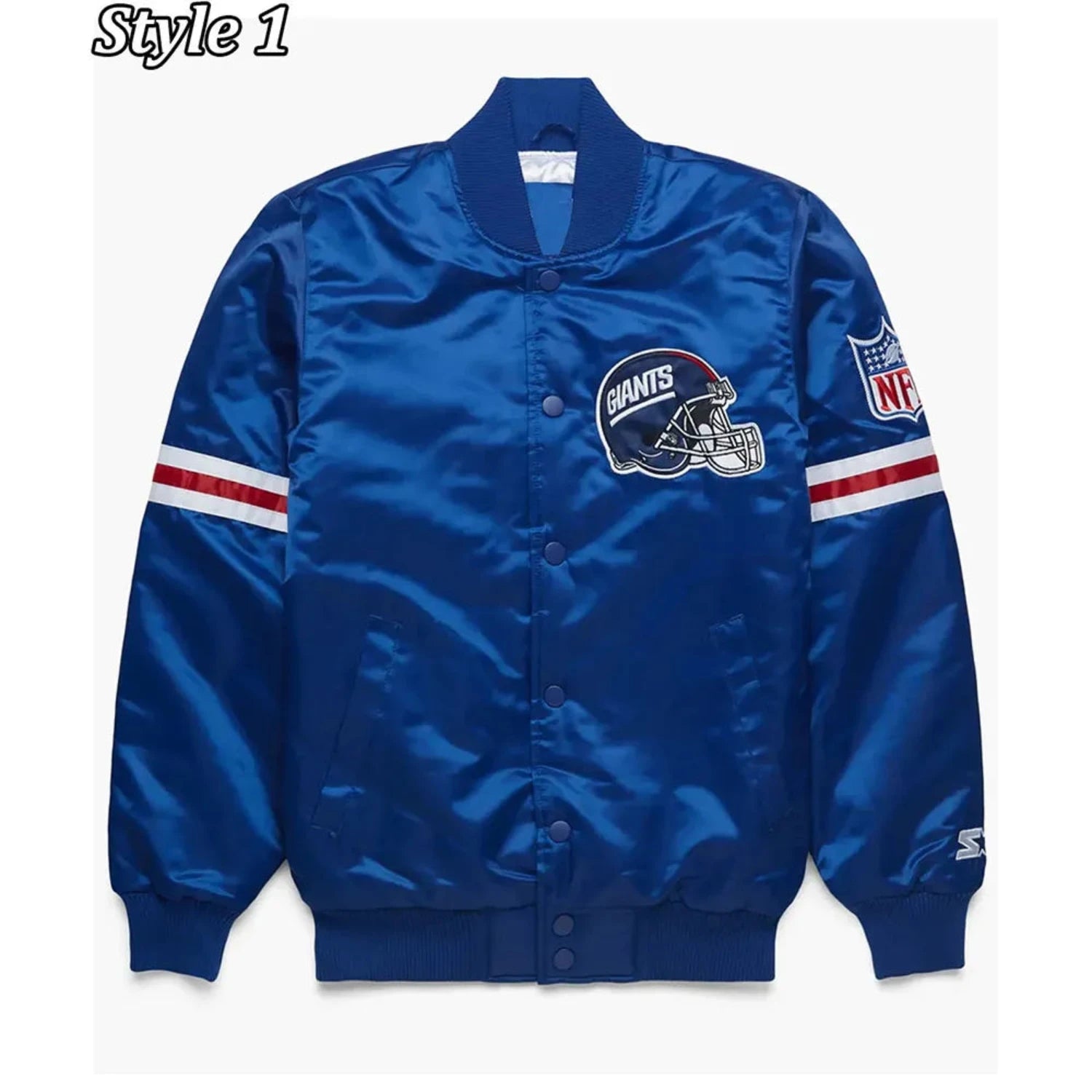 Front view of NY Giants NFL satin varsity jacket with team logo and snap-button closure