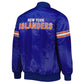 Back of NHL New York Islanders satin varsity jacket in blue colour featuring large team logo and striped ribbed hem
